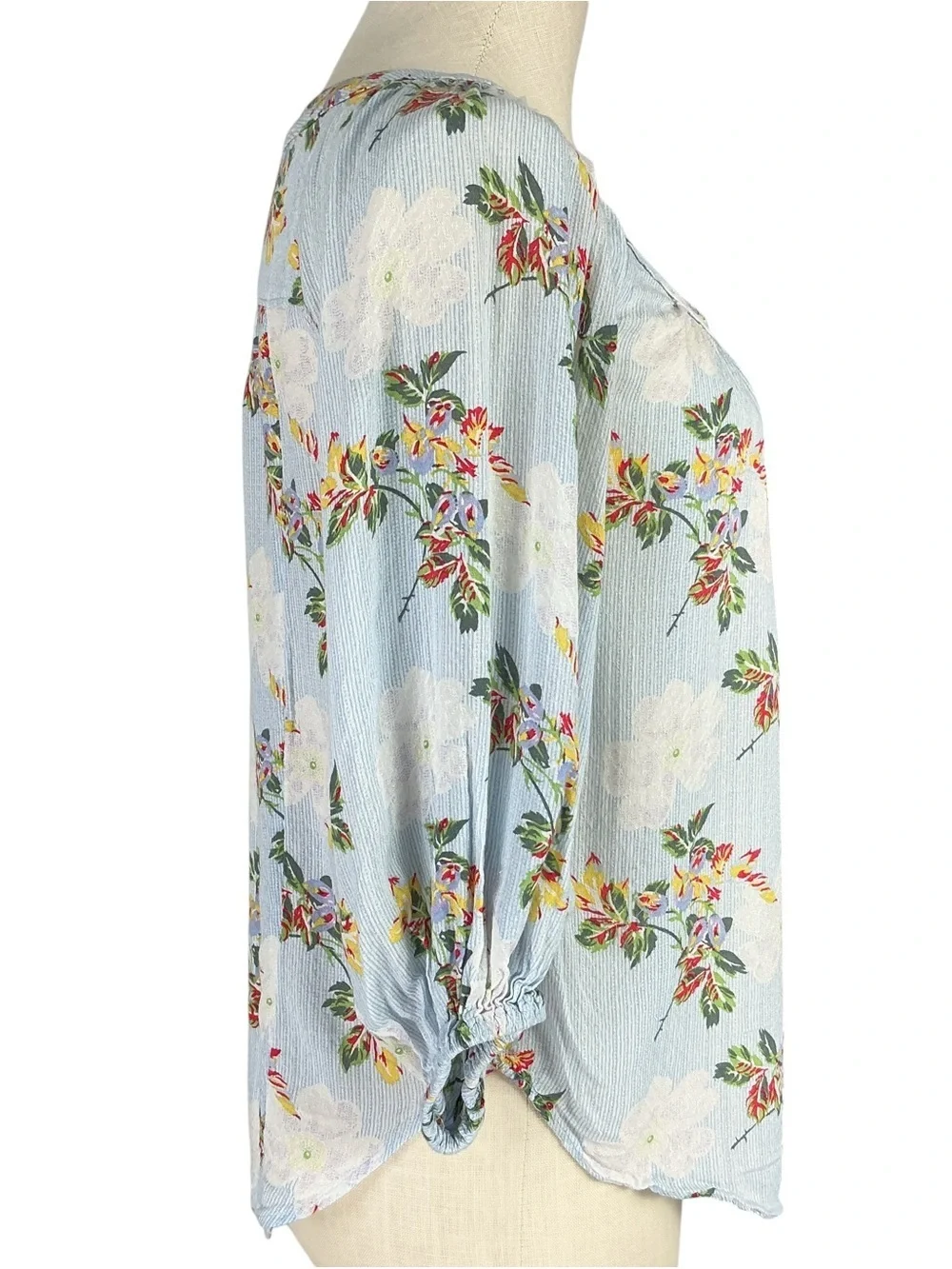 Anthropologie Maeve Boswell Womens 0P Floral Stripe Top Blue Multi 3/4 Sleeve
